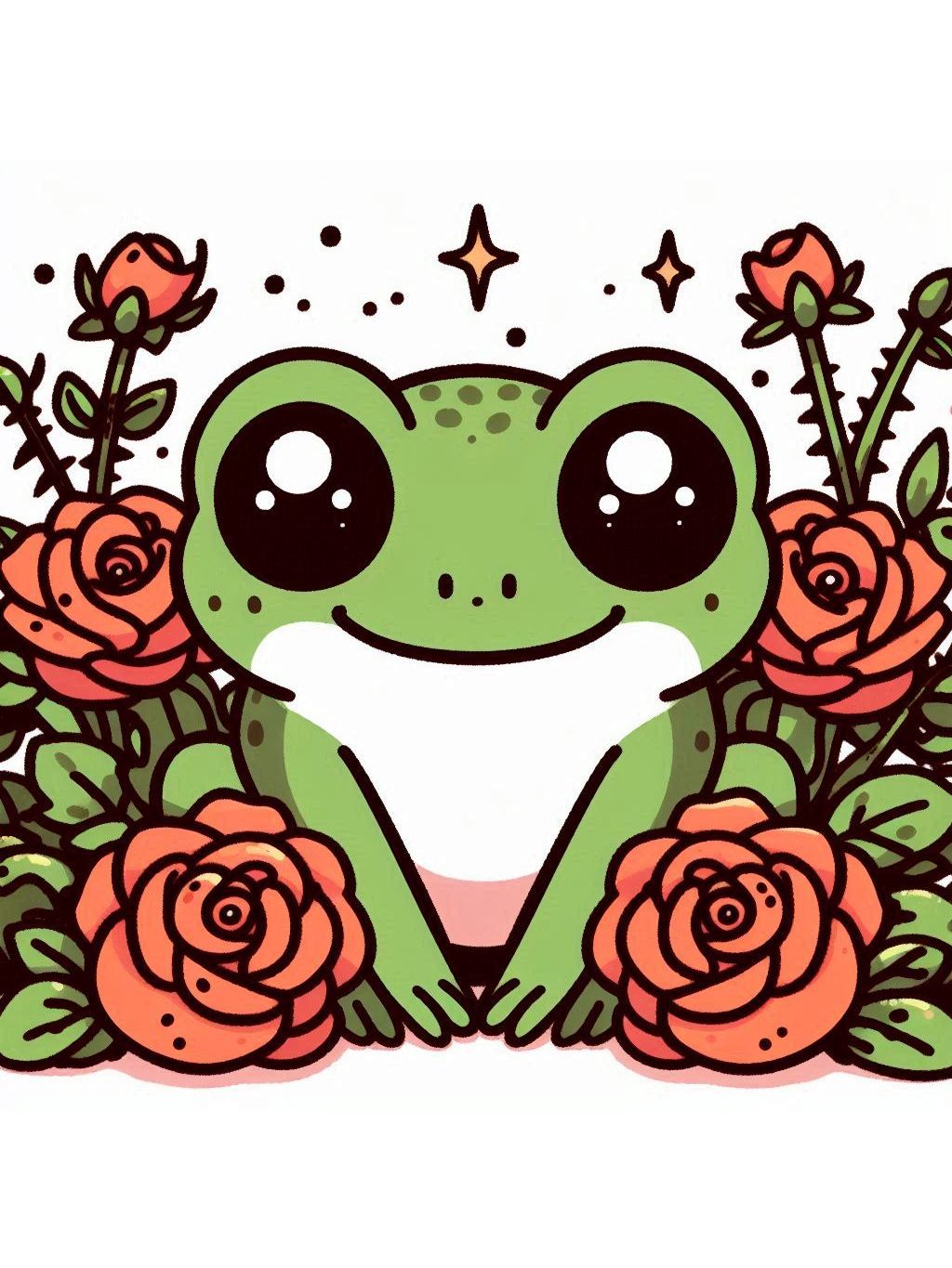 halloween frog drawing ideas: A smile-inducing green frog surrounded by vibrant thorny roses.